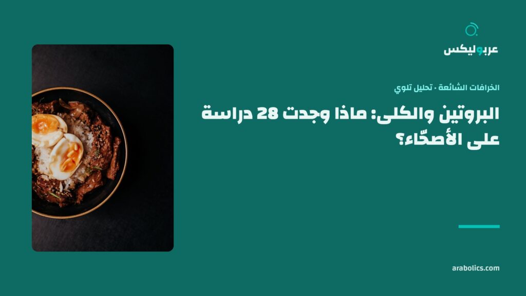 وعاء بروتين على طاولة داكنة، وإلى جانبه عنوان المقال عن البروتين والكلى