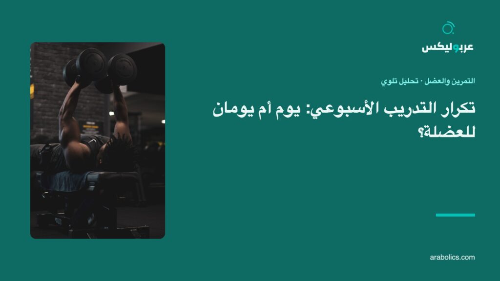 جولة ضغط بالدمبل في نادٍ داكن، وإلى جانبها عنوان المقال عن تكرار التدريب الأسبوعي